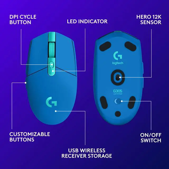 Alt view image 6 of 9 - Logitech G305 LIGHTSPEED Wireless Gaming Mouse, Hero 12K Sensor, 12,000 DPI, Lightweight, 6 Programmable Buttons, 250h Battery Life, On-Board Memory, PC/Mac - Blue
