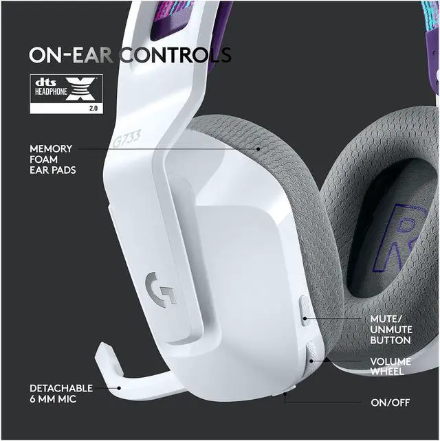 Alt view image 6 of 10 - Logitech G733 LIGHTSPEED Wireless Gaming Headset with suspension headband, LIGHTSYNC RGB, Blue VO!CE mic technology and PRO-G audio drivers - White