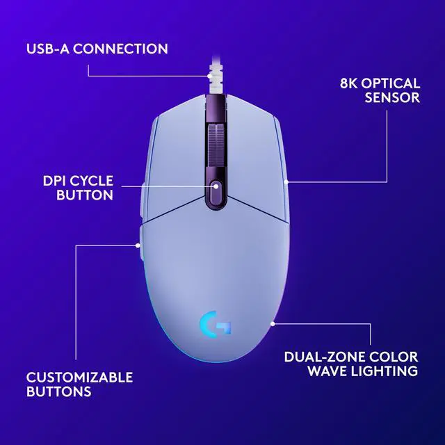 Alt view image 6 of 8 - Logitech G203 Wired Gaming Mouse, 8,000 DPI, Rainbow Optical Effect LIGHTSYNC RGB, 6 Programmable Buttons, On-Board Memory, Screen Mapping, PC/Mac Computer and Laptop Compatible - Lilac