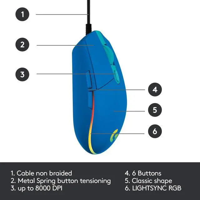 Alt view image 7 of 10 - Logitech G203 Wired Gaming Mouse, 8,000 DPI, Rainbow Optical Effect LIGHTSYNC RGB, 6 Programmable Buttons, On-Board Memory, Screen Mapping, PC/Mac Computer and Laptop Compatible - Blue