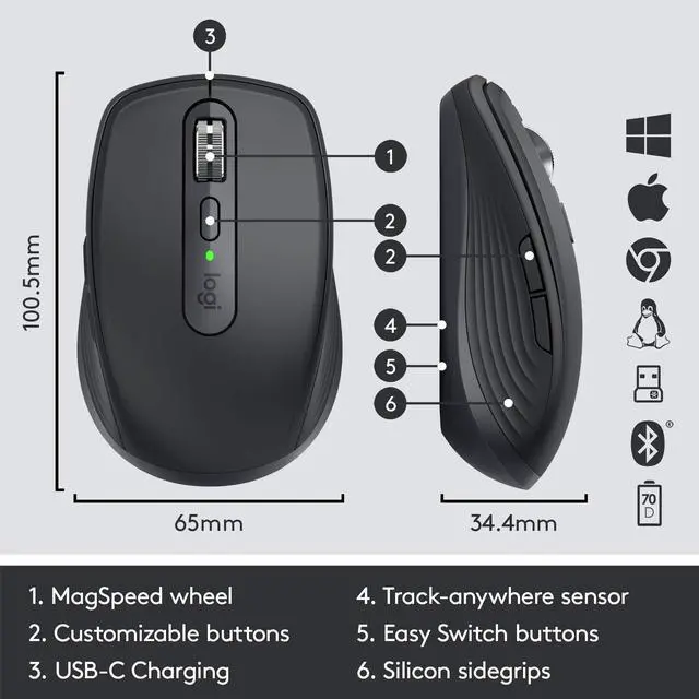 Alt view image 6 of 10 - Logitech MX Anywhere 3 Compact Performance Mouse, Wireless, Comfort, Fast Scrolling, Any Surface, Portable, 4000DPI, Customizable Buttons, USB-C, Bluetooth - Black
