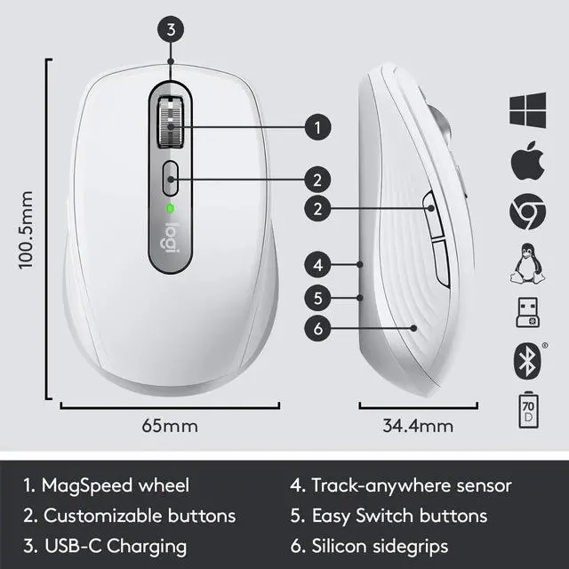Alt view image 6 of 10 - Logitech MX Anywhere 3 Compact Performance Mouse, Wireless, Comfort, Fast Scrolling, Any Surface, Portable, 4000DPI, Customizable Buttons, USB-C, Bluetooth - Pale Grey