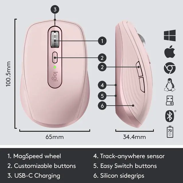 Alt view image 7 of 9 - Logitech MX Anywhere 3 Compact Performance Mouse, Wireless, Comfort, Fast Scrolling, Any Surface, Portable, 4000DPI, Customizable Buttons, USB-C, Bluetooth - Rose