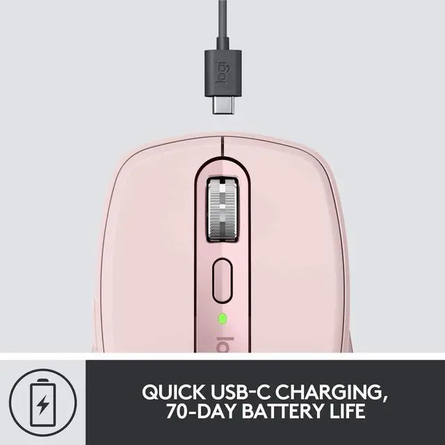 Alt view image 5 of 9 - Logitech MX Anywhere 3 Compact Performance Mouse, Wireless, Comfort, Fast Scrolling, Any Surface, Portable, 4000DPI, Customizable Buttons, USB-C, Bluetooth - Rose