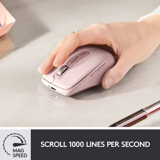 Alt view image 4 of 9 - Logitech MX Anywhere 3 Compact Performance Mouse, Wireless, Comfort, Fast Scrolling, Any Surface, Portable, 4000DPI, Customizable Buttons, USB-C, Bluetooth - Rose