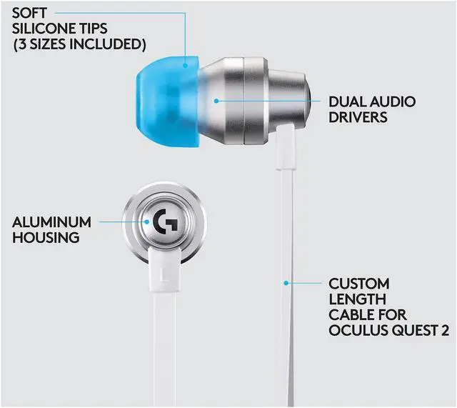 Alt view image 4 of 6 - Logitech G333 VR Gaming Earphones for Oculus Quest 2 - Oculus Ready - Custom-length Cable and Straps - Dual Driver Audio Designed for Gaming - Durable Aluminum Housing - Low-Latency 3.5 mm Aux