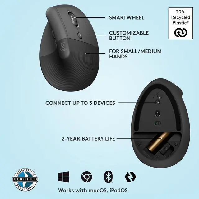 Alt view image 6 of 10 - Logitech Lift Vertical Ergonomic Mouse, Wireless, Bluetooth or Logi Bolt USB receiver, Quiet clicks, 4 buttons, compatible with Windows/macOS/iPadOS, Laptop, PC - Graphite