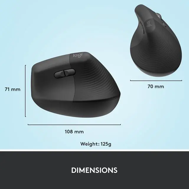 Alt view image 8 of 10 - Logitech Lift Vertical Ergonomic Mouse, Wireless, Bluetooth or Logi Bolt USB receiver, Quiet clicks, 4 buttons, compatible with Windows/macOS/iPadOS, Laptop, PC - Graphite