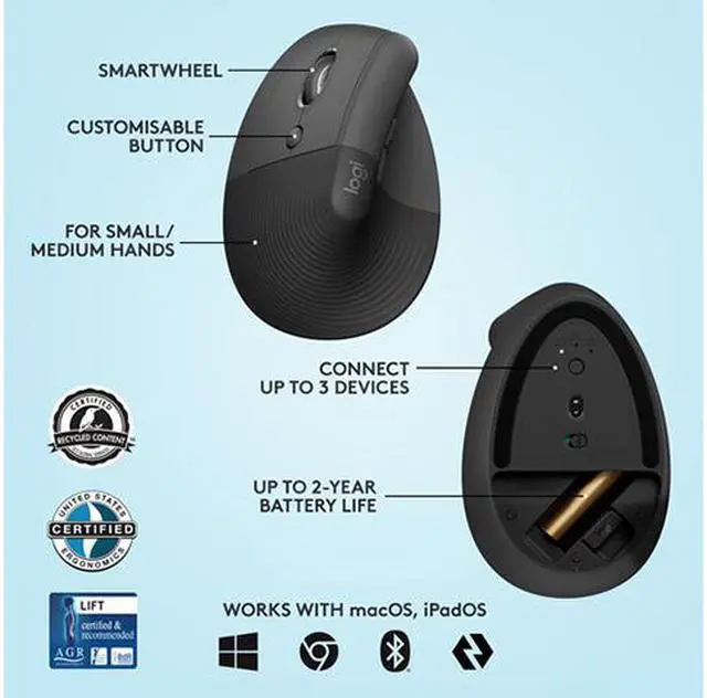 Alt view image 6 of 7 - Logitech Lift Left Vertical Ergonomic Mouse, Left-handed, Wireless, Bluetooth or Logi Bolt USB, Quiet clicks, 4 buttons, compatible with Windows/macOS/iPadOS, Laptop, PC - Graphite