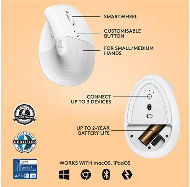Alt view image 7 of 9 - Logitech Lift Vertical Ergonomic Mouse, Wireless, Bluetooth or Logi Bolt USB receiver, Quiet clicks, 4 buttons, compatible with Windows/macOS/iPadOS, Laptop, PC - Off White