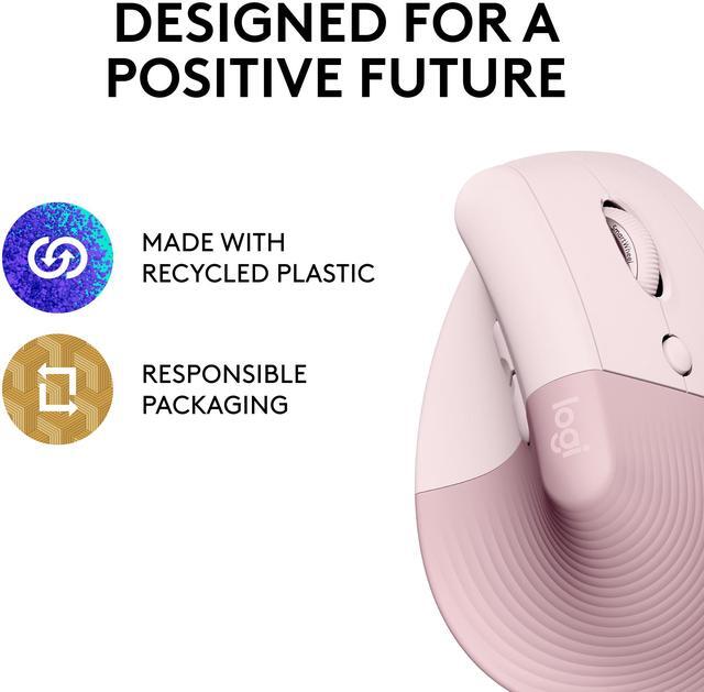 Alt view image 2 of 10 - Logitech Lift Vertical Ergonomic Mouse, Wireless, Bluetooth or Logi Bolt USB receiver, Quiet clicks, 4 buttons, compatible with Windows/macOS/iPadOS, Laptop, PC - Rose
