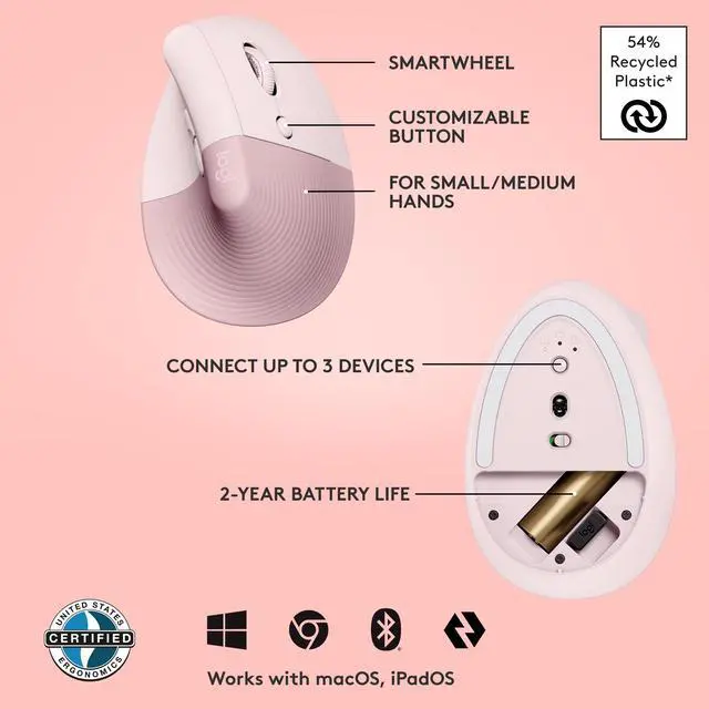 Alt view image 7 of 10 - Logitech Lift Vertical Ergonomic Mouse, Wireless, Bluetooth or Logi Bolt USB receiver, Quiet clicks, 4 buttons, compatible with Windows/macOS/iPadOS, Laptop, PC - Rose