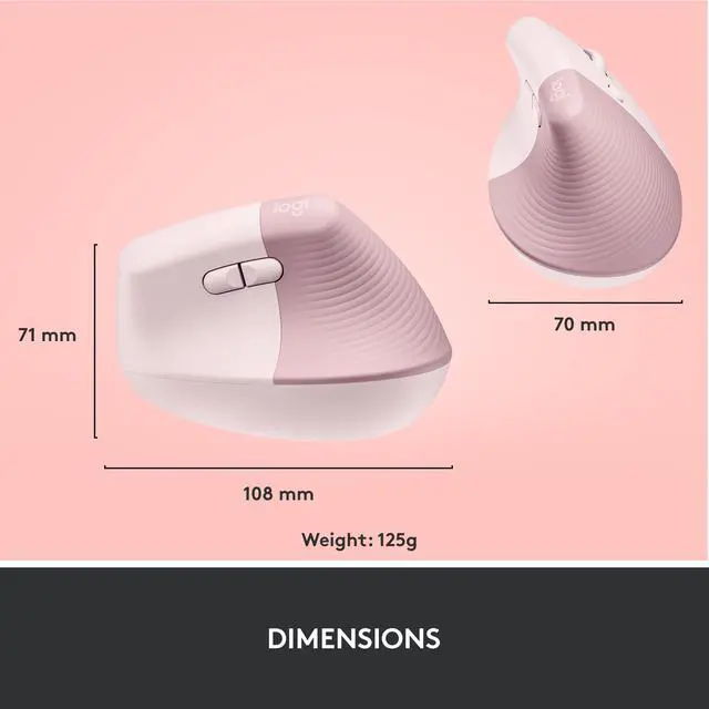 Alt view image 8 of 10 - Logitech Lift Vertical Ergonomic Mouse, Wireless, Bluetooth or Logi Bolt USB receiver, Quiet clicks, 4 buttons, compatible with Windows/macOS/iPadOS, Laptop, PC - Rose