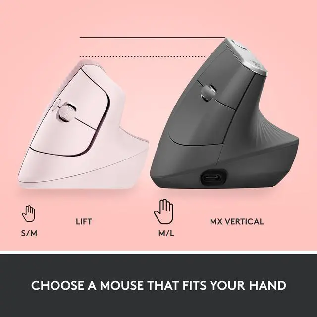 Alt view image 9 of 10 - Logitech Lift Vertical Ergonomic Mouse, Wireless, Bluetooth or Logi Bolt USB receiver, Quiet clicks, 4 buttons, compatible with Windows/macOS/iPadOS, Laptop, PC - Rose