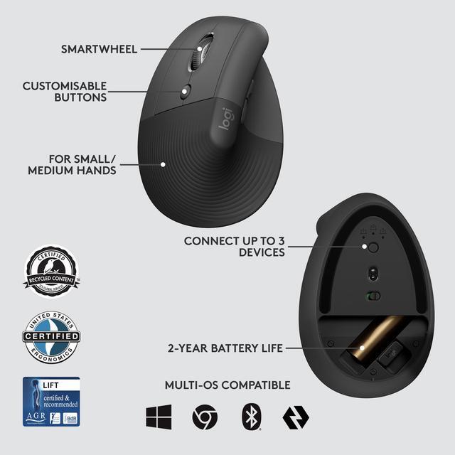 Alt view image 7 of 9 - Logitech Lift for Business Left, Vertical Ergonomic Mouse - Left-handed, Wireless, Bluetooth or Secured Logi Bolt USB, Quiet clicks, Globally Certified, Windows/Mac/Chrome/Linux