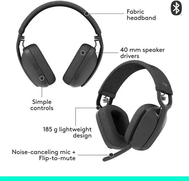 Alt view image 6 of 10 - Logitech Zone Vibe 100 Lightweight Wireless Over Ear Headphones with Noise Canceling Microphone, Advanced Multipoint Bluetooth Headset, Works with Teams, Google Meet, Zoom, Mac/PC - Graphite
