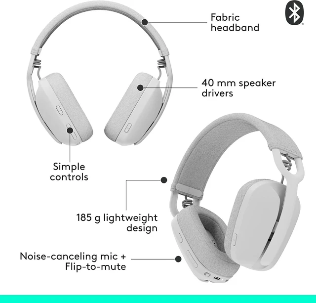 Alt view image 6 of 10 - Logitech Zone Vibe 100 Lightweight Wireless Over Ear Headphones with Noise Canceling Microphone, Advanced Multipoint Bluetooth Headset, Works with Teams, Google Meet, Zoom, Mac/PC - Off White