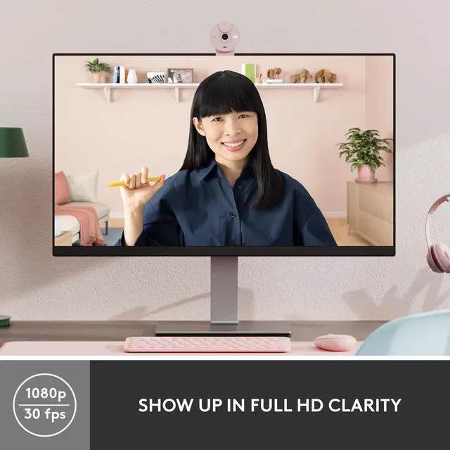 Alt view image 2 of 9 - Logitech Brio 300 Full HD Webcam with Privacy Shutter, Noise Reduction Microphone, USB-C, certified for Zoom, Microsoft Teams, Google Meet, Auto Light Correction, Rose