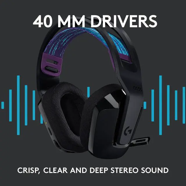 Alt view image 9 of 10 - Logitech G535 LIGHTSPEED Wireless Gaming Headset - Lightweight on-ear headphones, flip to mute mic, stereo, compatible with PC, PS4, PS5, USB rechargeable - Black