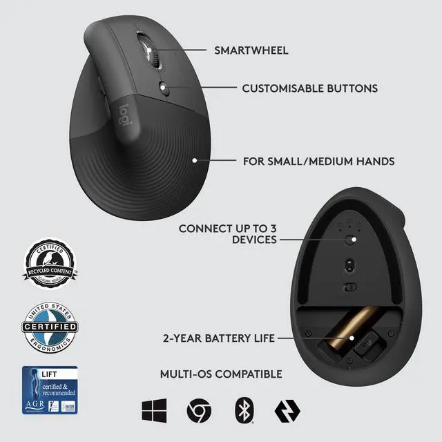 Alt view image 7 of 10 - Logitech Lift for Business, Vertical Ergonomic Mouse, Wireless, Bluetooth or Secured Logi Bolt USB, Quiet clicks, Globally Certified, Windows/Mac/Chrome/Linux