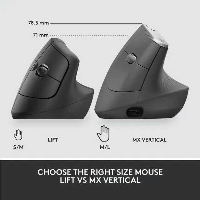 Alt view image 8 of 10 - Logitech Lift for Business, Vertical Ergonomic Mouse, Wireless, Bluetooth or Secured Logi Bolt USB, Quiet clicks, Globally Certified, Windows/Mac/Chrome/Linux