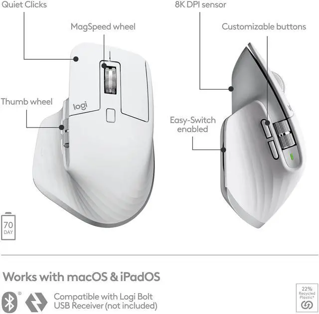 Alt view image 2 of 12 - Logitech MX Master 3S for Mac - Wireless Bluetooth Mouse with Ultra-fast Scrolling, Ergo, 8K DPI, Quiet Clicks, Track on Glass, Customization, USB-C, Apple, iPad