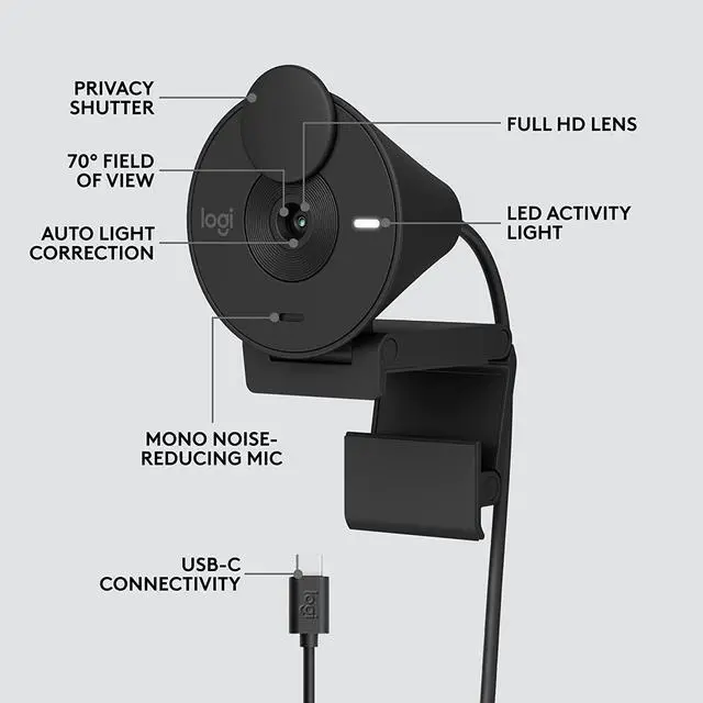 Alt view image 6 of 9 - Logitech Brio 300 Full HD Webcam with Privacy Shutter, Noise Reduction Microphone, USB-C, certified for Zoom, Microsoft Teams, Google Meet, Auto Light Correction, Graphite