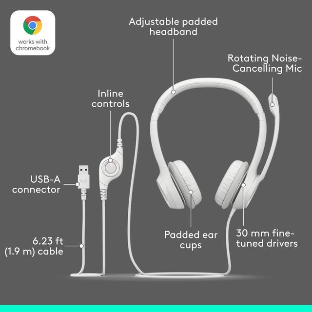 Alt view image 6 of 9 - Logitech H390 Wired Headset for PC/Laptop, Stereo Headphones with Noise Cancelling Microphone, USB-A, In-Line Controls, off white