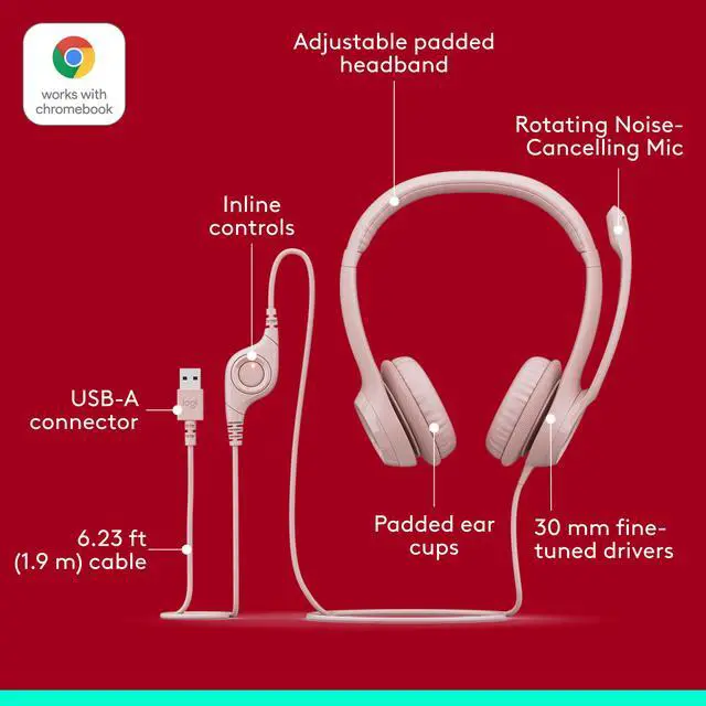 Alt view image 6 of 9 - Logitech H390 Wired Headset for PC/Laptop, Stereo Headphones with Noise Cancelling Microphone, USB-A, In-Line Controls, Rose