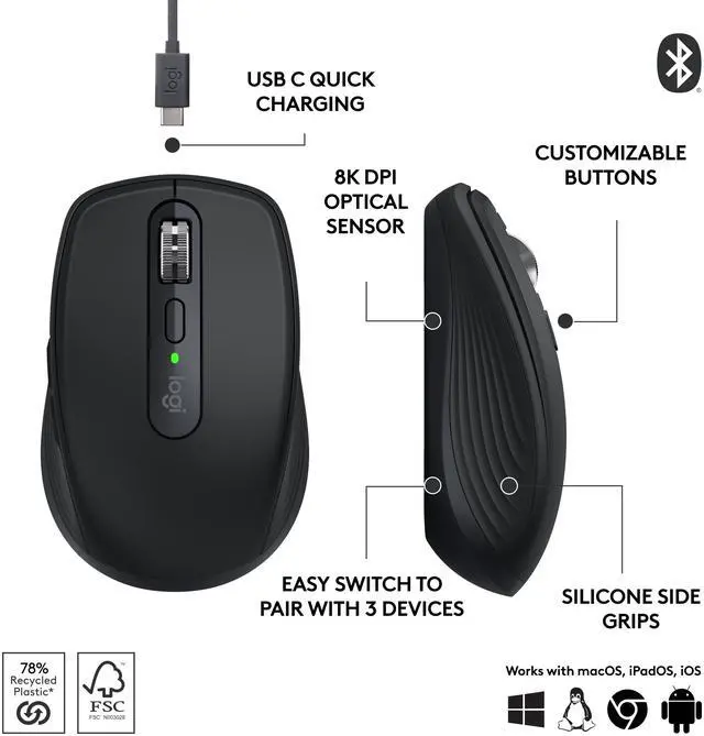 Alt view image 9 of 10 - Logitech MX Anywhere 3S Compact Wireless Mouse, Fast Scrolling, 8K DPI Any-Surface Tracking, Quiet Clicks, Programmable Buttons, USB C, Bluetooth, Windows PC, Linux, Chrome, Mac, Black