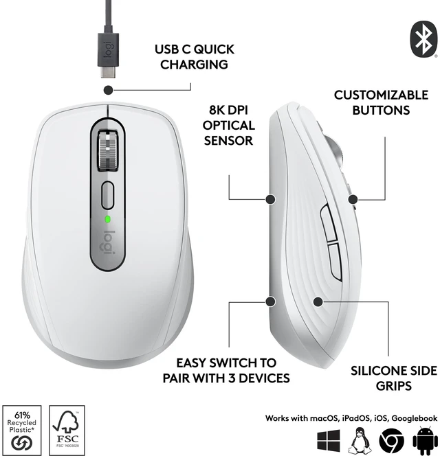Alt view image 10 of 10 - Logitech MX Anywhere 3S Compact Wireless Mouse, Fast Scrolling, 8K DPI Any-Surface Tracking, Quiet Clicks, Programmable Buttons, USB C, Bluetooth, Windows PC, Linux, Chrome, Mac, Pale Grey