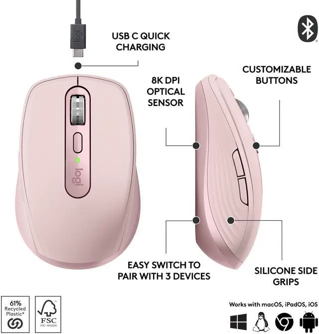Alt view image 7 of 8 - Logitech MX Anywhere 3S Compact Wireless Mouse, Fast Scrolling, 8K DPI Any-Surface Tracking, Quiet Clicks, Programmable Buttons, USB C, Bluetooth, Windows PC, Linux, Chrome, Mac, Rose