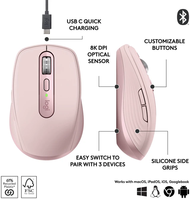Alt view image 9 of 10 - Logitech MX Anywhere 3S Compact Wireless Mouse, Fast Scrolling, 8K DPI Any-Surface Tracking, Quiet Clicks, Programmable Buttons, USB C, Bluetooth, Windows PC, Linux, Chrome, Mac, Rose