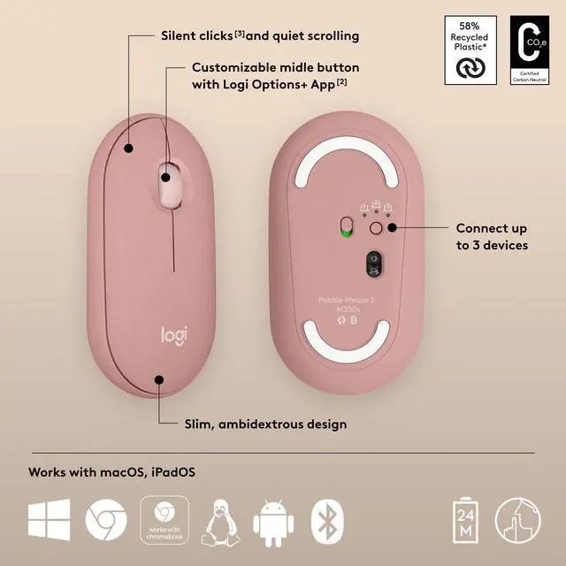 Alt view image 6 of 10 - Logitech Pebble 2 M350s Mouse, Slim, compact Bluetooth® Wireless, customizable button, Multi-device pairing, Tonal Rose