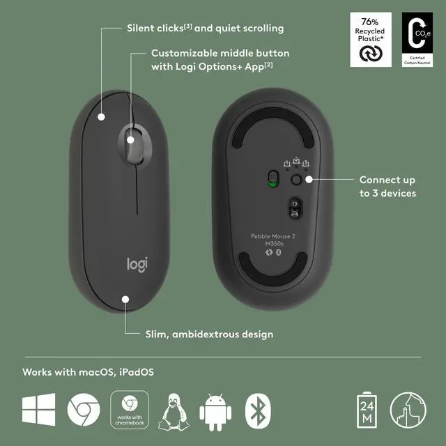 Alt view image 6 of 10 - Logitech Pebble 2 M350s Mouse, Slim, compact Bluetooth® Wireless, customizable button, Multi-device pairing, Black