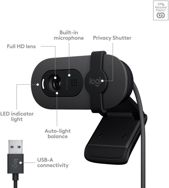 Alt view image 6 of 9 - Logitech Brio 100 Full HD Webcam for Meetings and Streaming, Auto-Light Balance, Built-In Mic, Privacy Shutter, USB-A, for Microsoft Teams, Google Meet, Zoom and More - Graphite