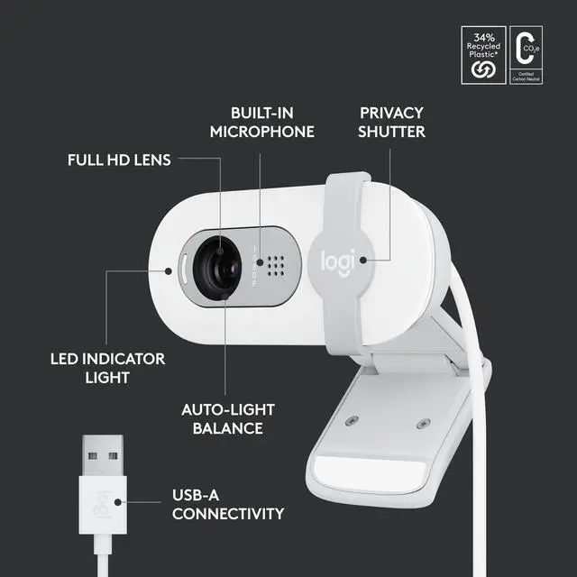 Alt view image 6 of 9 - Logitech Brio 100 Full HD Webcam for Meetings and Streaming, Auto-Light Balance, Built-In Mic, Privacy Shutter, USB-A, for Microsoft Teams, Google Meet, Zoom and More - Off White