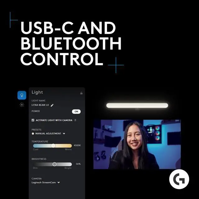 Alt view image 6 of 7 - Logitech G Litra Beam LX Premium Dual-Sided RGB LED Streaming Key Light With TrueSoft, for Streaming, Broadcasting, LIGHTSYNC, Bluetooth, USB, PC/Mac