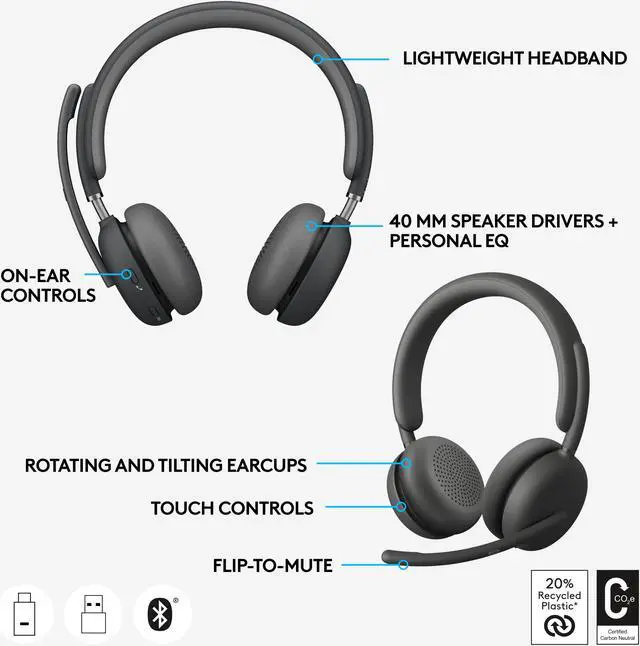Alt view image 6 of 8 - Logitech Zone 950 Premium Noise Canceling Headset with Hybrid ANC, Bluetooth, USB-C, USB-A, Certified for Zoom, Google Meet, Google Voice, Fast Pair, Graphite