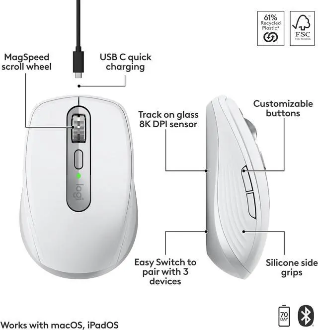 Alt view image 2 of 7 - Logitech MX Anywhere 3S for Mac, Compact Wireless Bluetooth Mouse, 8K DPI Any-Surface Tracking, Quiet Clicks, USB C, Wireless Mouse for MacBook Pro, MacBook Air, iMac, iPad - Pale Grey