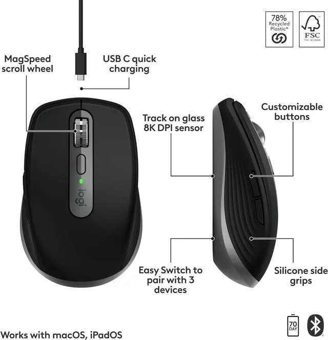 Alt view image 2 of 7 - Logitech MX Anywhere 3S for Mac, Compact Wireless Bluetooth Mouse, 8K DPI Any-Surface Tracking, Quiet Clicks, USB C, Wireless Mouse for MacBook Pro, MacBook Air, iMac, iPad - Space Grey