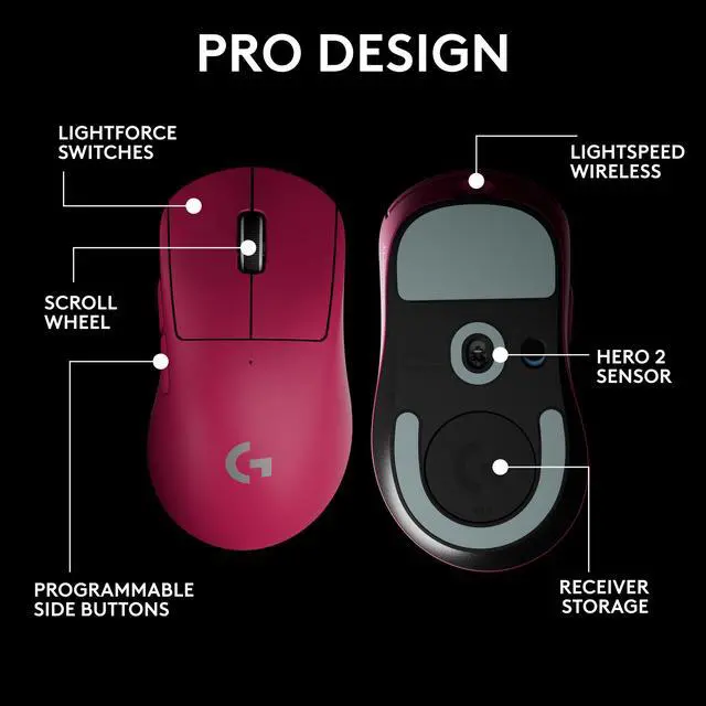 Alt view image 8 of 8 - Logitech PRO X SUPERLIGHT 2 DEX Wireless Gaming Mouse, Lightweight 60g Pro-grade Right-handed Mouse with 44L DPI Sensor and Up to 8k Hz Polling for PC/Mac – Magneta