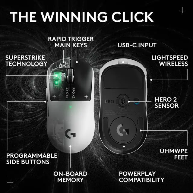 Alt view image 4 of 19 - Logitech PRO X2 SUPERSTRIKE LIGHTSPEED Wireless Gaming Mouse, Ultra-Fast Performance, Ultra Lightweight (61 g), Customizable Click Haptics, USB-C charging, for PC/Mac/Laptop