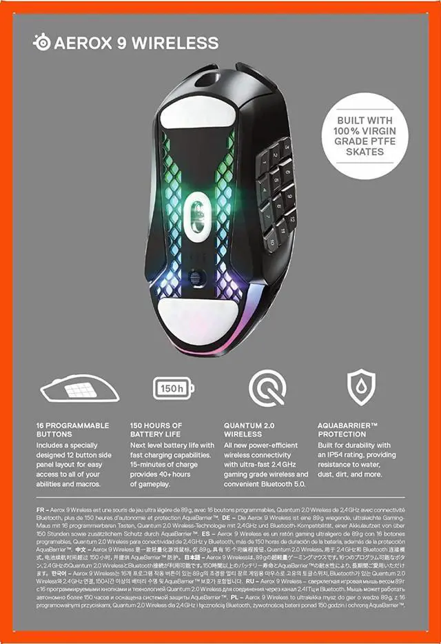 Alt view image 10 of 10 - SteelSeries Aerox 9 Wireless – Ultra-Lightweight Wireless Gaming Mouse – 18000 CPI – TrueMove Air Optical Sensor - Water Resistant– 180 Hour Battery – 18 Programmable Buttons