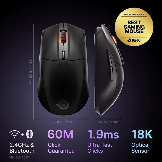 Alt view image 2 of 6 - SteelSeries Rival 3 Wireless Gen 2 Gaming Mouse — 2.4GHz and Bluetooth, 18000 DPI TrueMove Air Optical Sensor, 60 Million Click Durability, Light-Weight, 100% PTFE Feet — Black