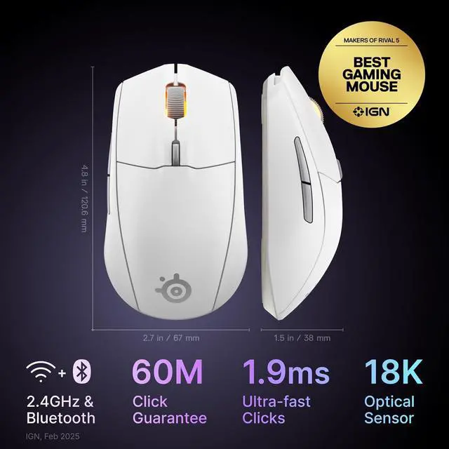 Alt view image 2 of 6 - SteelSeries Rival 3 Wireless Gen 2 Gaming Mouse — 2.4GHz and Bluetooth, 18000 DPI TrueMove Air Optical Sensor, 60 Million Click Durability, Light-Weight, 100% PTFE Feet — White