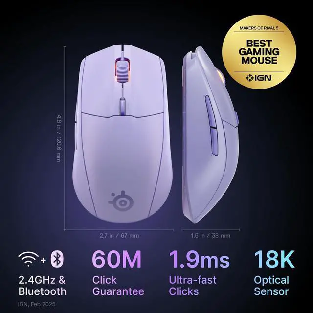 Alt view image 2 of 7 - SteelSeries Rival 3 Wireless Gen 2 Gaming Mouse — 2.4GHz and Bluetooth, 18000 DPI TrueMove Air Optical Sensor, 60 Million Click Durability, Light-Weight, 100% PTFE Feet — Lavender