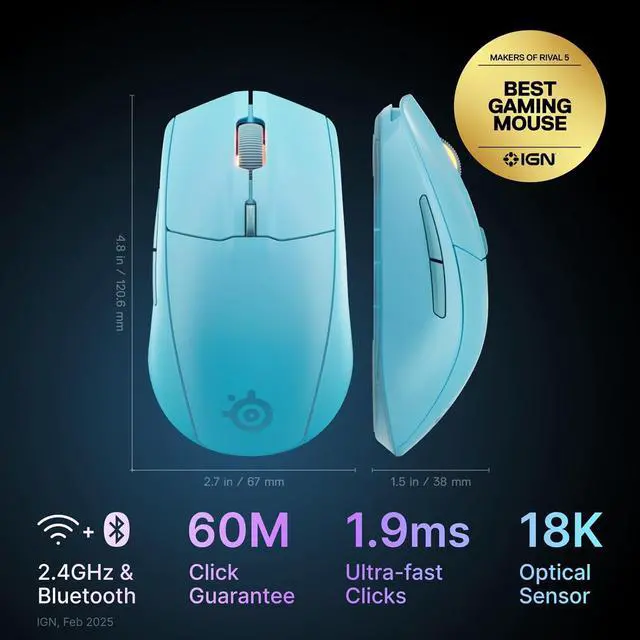 Alt view image 2 of 7 - SteelSeries Rival 3 Wireless Gen 2 Gaming Mouse — 2.4GHz and Bluetooth, 18000 DPI TrueMove Air Optical Sensor, 60 Million Click Durability, Light-Weight, 100% PTFE Feet — Aqua