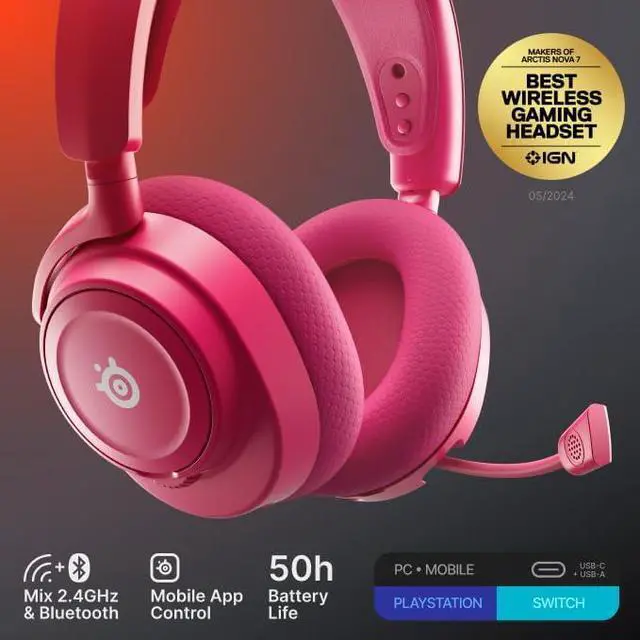 Alt view image 8 of 9 - SteelSeries Arctis Nova 7 Wireless Gen 2 Gaming Headset - Real-Time App Control, 50+ HR Play, Neodymium Drivers, Mix 2.4GHz/Bluetooth, PC, PS5, PS4, Switch 1/2, Mobile - Magenta