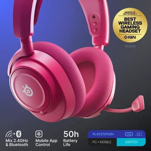 Alt view image 8 of 9 - SteelSeries Arctis Nova 7P Wireless Gen 2 Gaming Headset - Real-Time App Control, 50+ HR Play, Neodymium Magnetic Drivers, Mix 2.4GHz/Bluetooth, PS5, PS4, PC, Switch 1/2, Mobile - Magenta